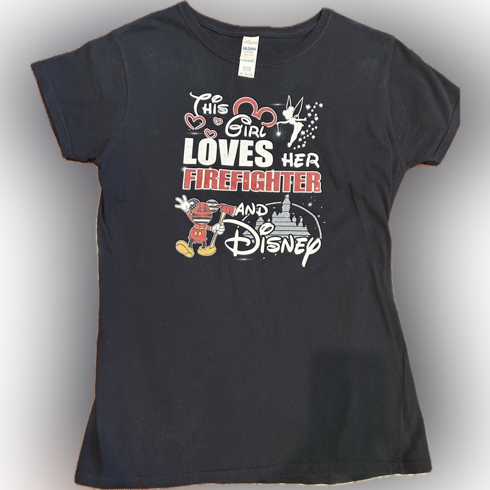 Gildan womans cotton Black Disney printed Graphic firefighter T-Shirt